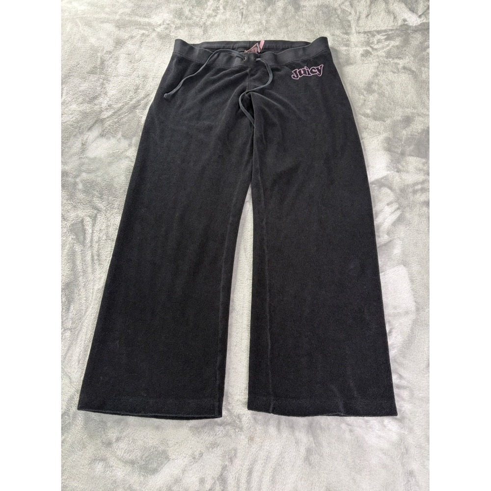 Vtg Juicy Couture Pants Womens L Black Wide Leg Velour Y2K Sellout Graphic
